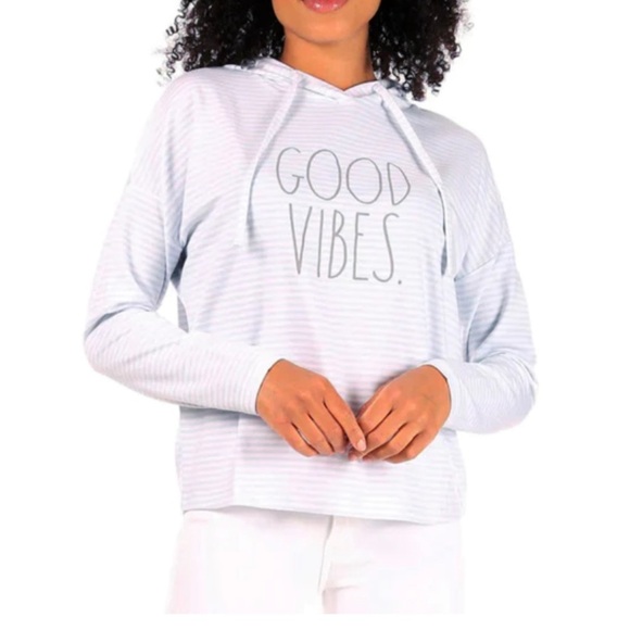 Rae Dunn Women's GOOD VIBES Soft Hoodie Sweatshirt Pale Sage Striped Size XS - Picture 1 of 8